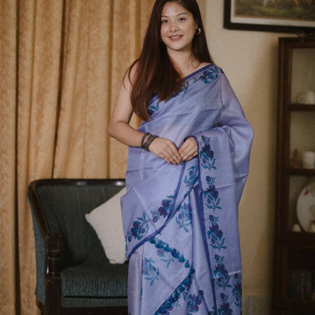 Pure Silk Mekhela sador with Floral (Hand block print)