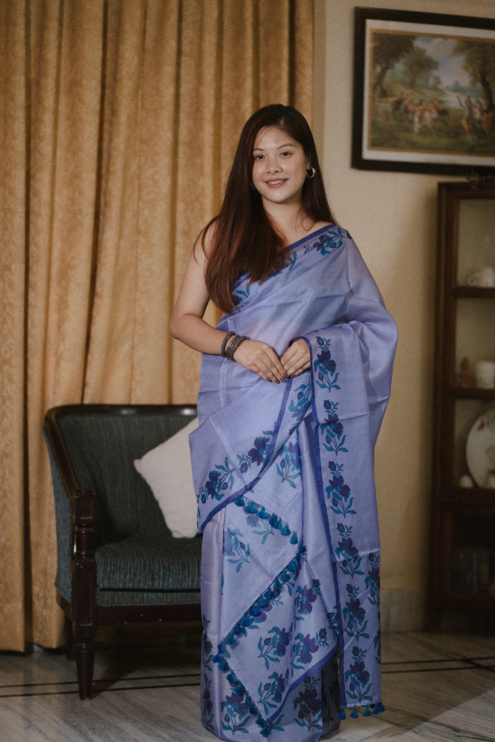 Pure Silk Mekhela sador with Floral (Hand block print)