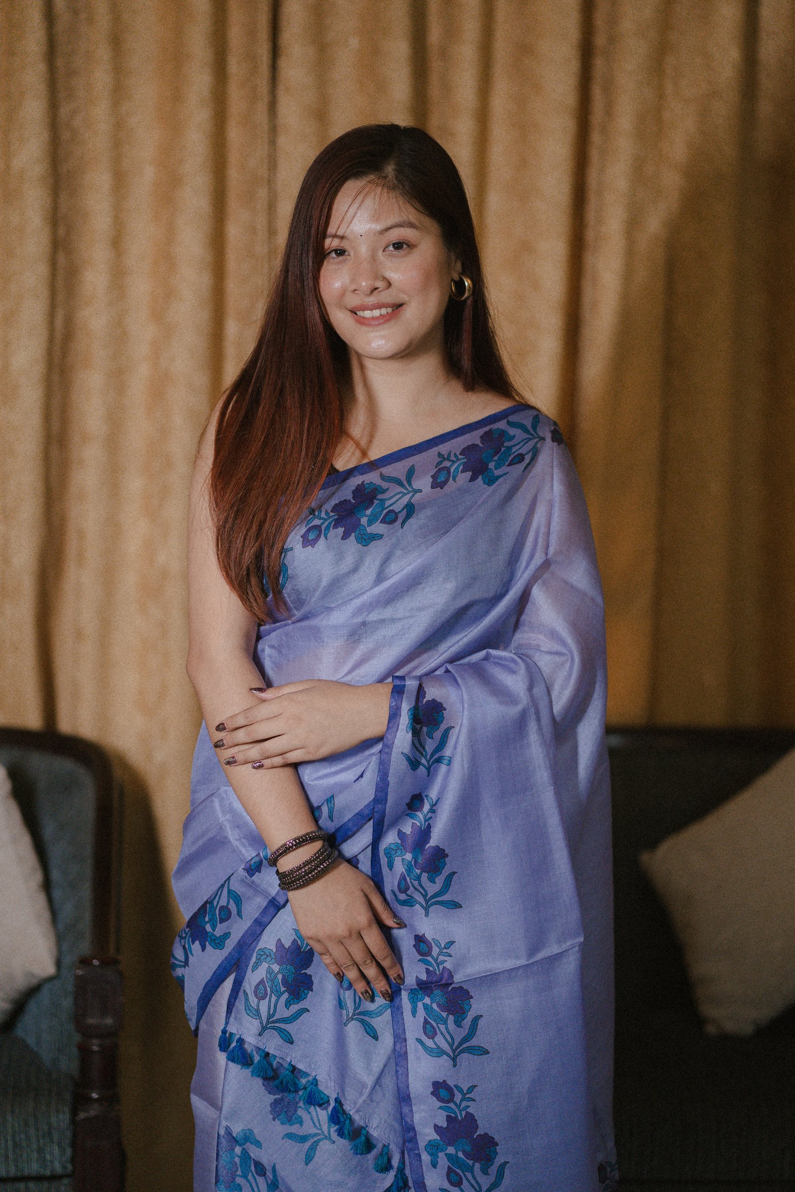 Pure Silk Mekhela sador with Floral (Hand block print) - Image 3