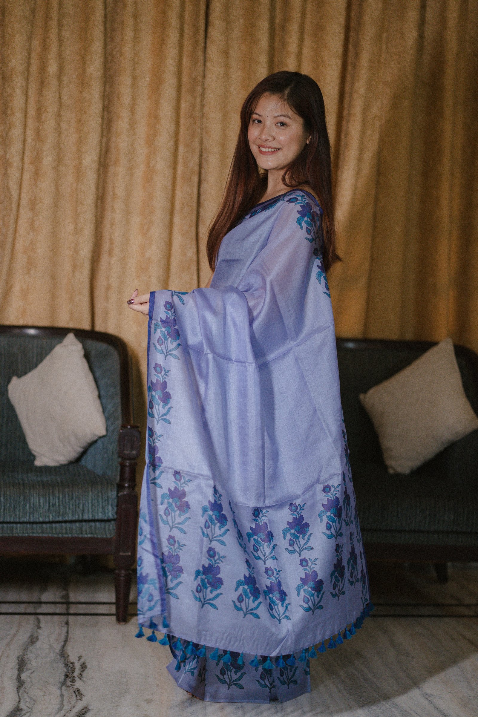 Pure Silk Mekhela sador with Floral (Hand block print) - Image 4