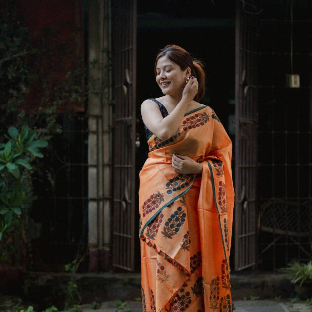 Pure Silk Mekhela sador with floral (Hand block print)