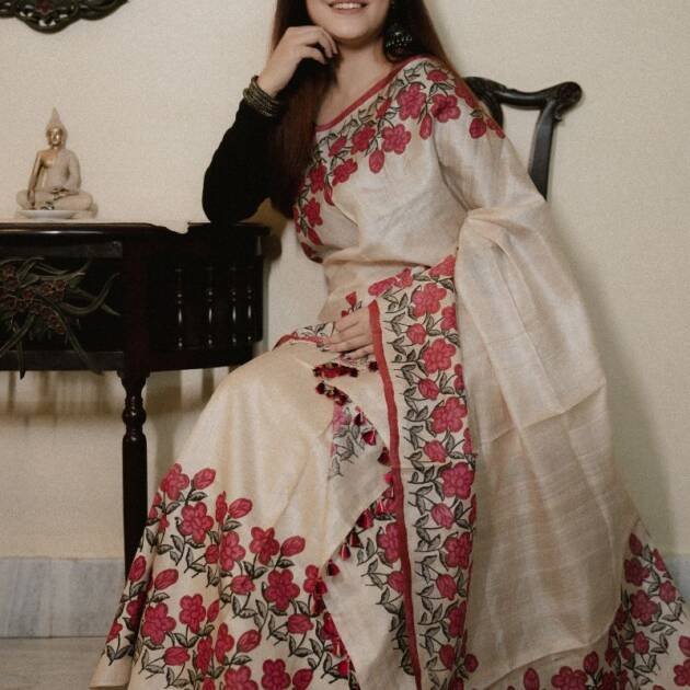 Pure Desi Tassar Silk Mekhela sador with Floral (Hand Block Print)