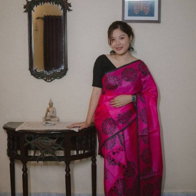 Colored Pure Silk Mekhela sador with Floral geometrical (Hand block print)