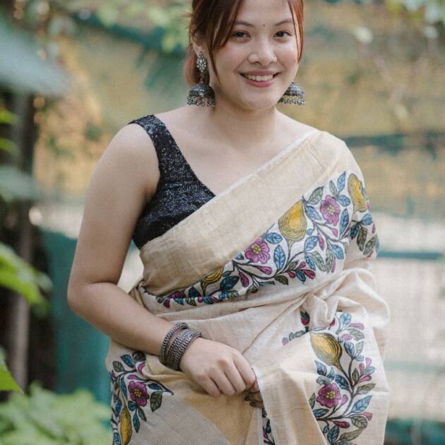 Pure Desi Tassar Saree with Floral (Hand Block print)