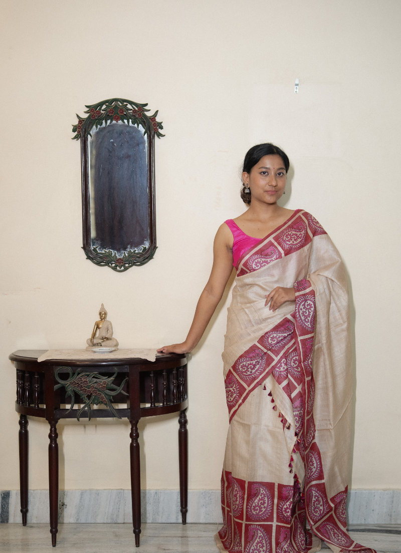 Desi Tassar Mekhela Sador set with blouse piece (Hand block print) - Image 2