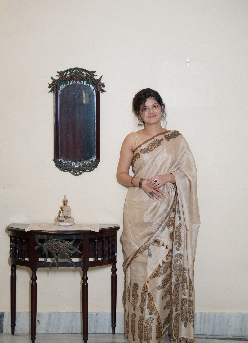 Desi Tassar Mekhela Sador set with blouse piece (Hand block print)