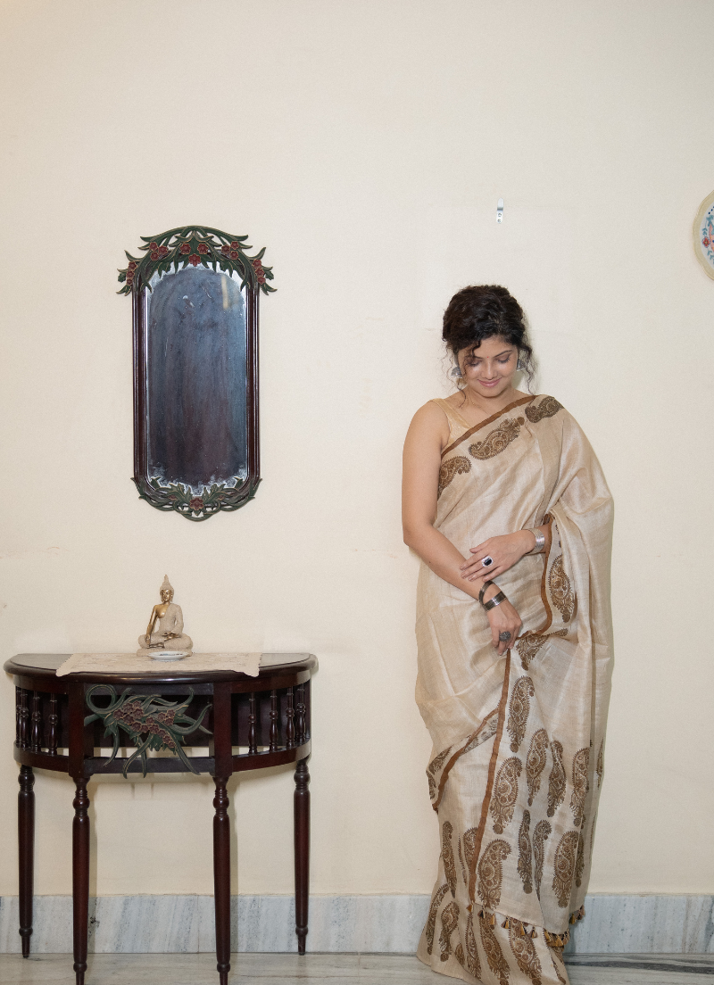 Desi Tassar Mekhela Sador set with blouse piece (Hand block print) - Image 2