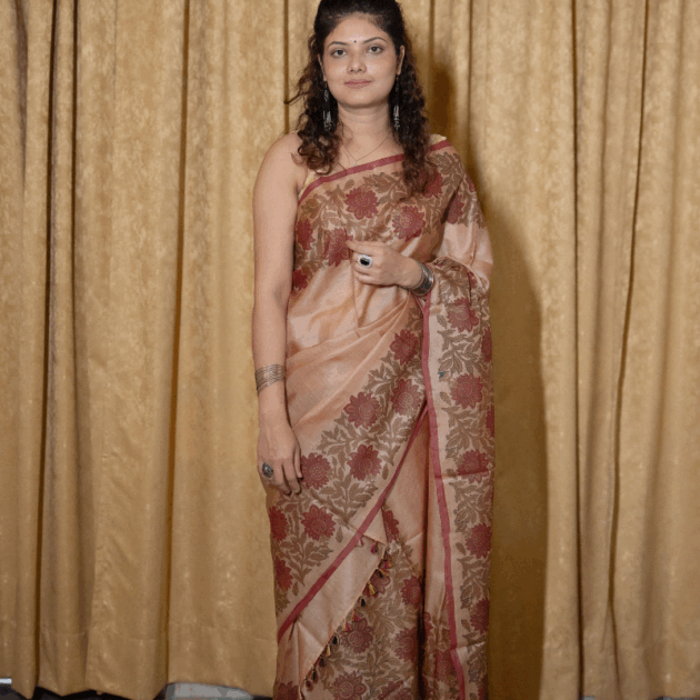 Colored Pure Silk Makhela Sador set with blouse piece (Hand block print)