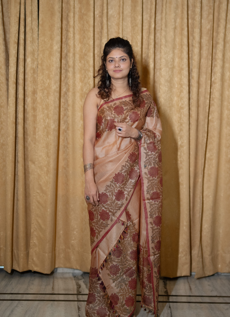 Colored Pure Silk Makhela Sador set with blouse piece (Hand block print)