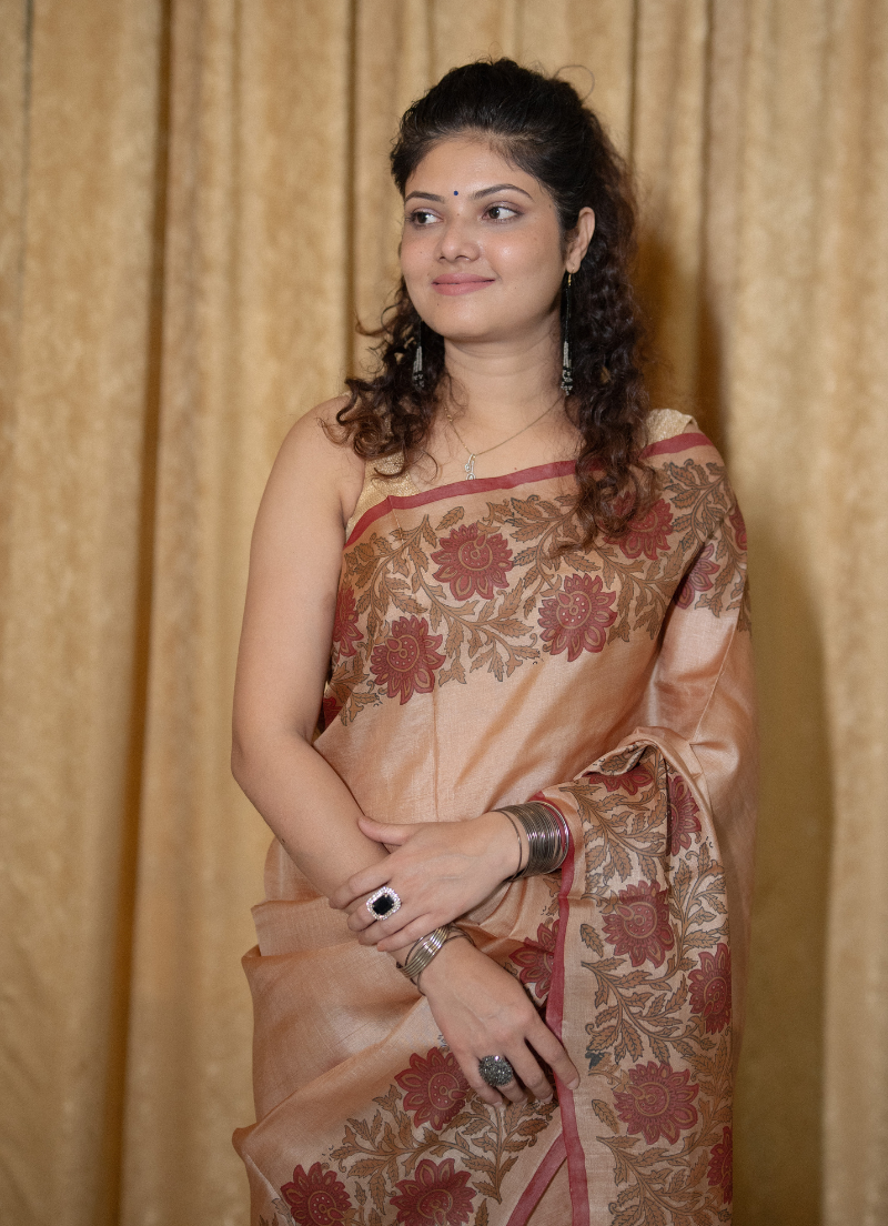 Colored Pure Silk Makhela Sador set with blouse piece (Hand block print) - Image 3