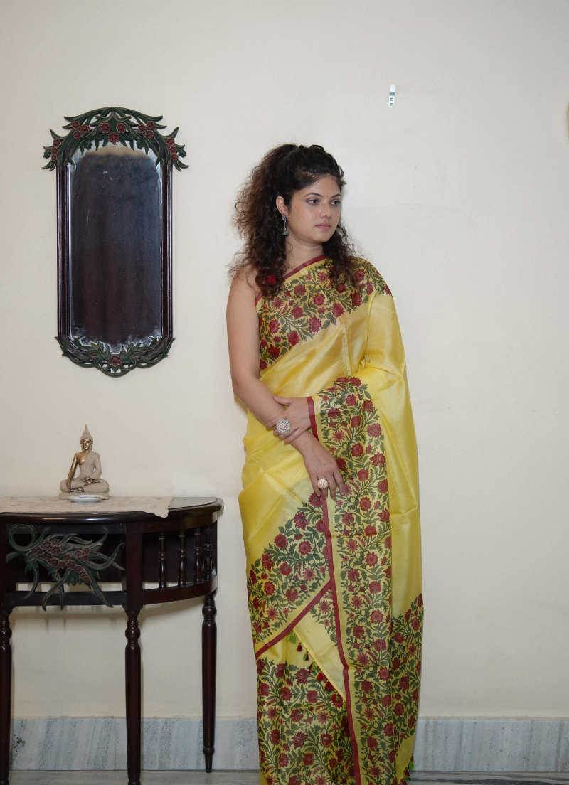 Colored Pure Silk Makhela Sador set with blouse piece (Hand block print) - Image 2