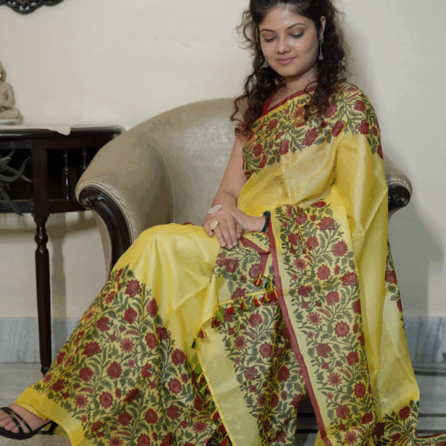 Colored Pure Silk Makhela Sador set with blouse piece (Hand block print)