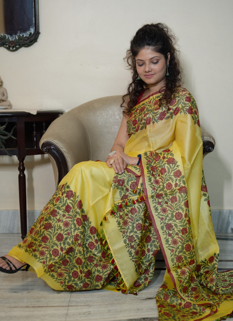 Colored Pure Silk Makhela Sador set with blouse piece (Hand block print)