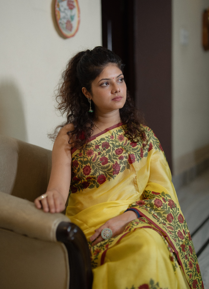 Colored Pure Silk Makhela Sador set with blouse piece (Hand block print) - Image 3