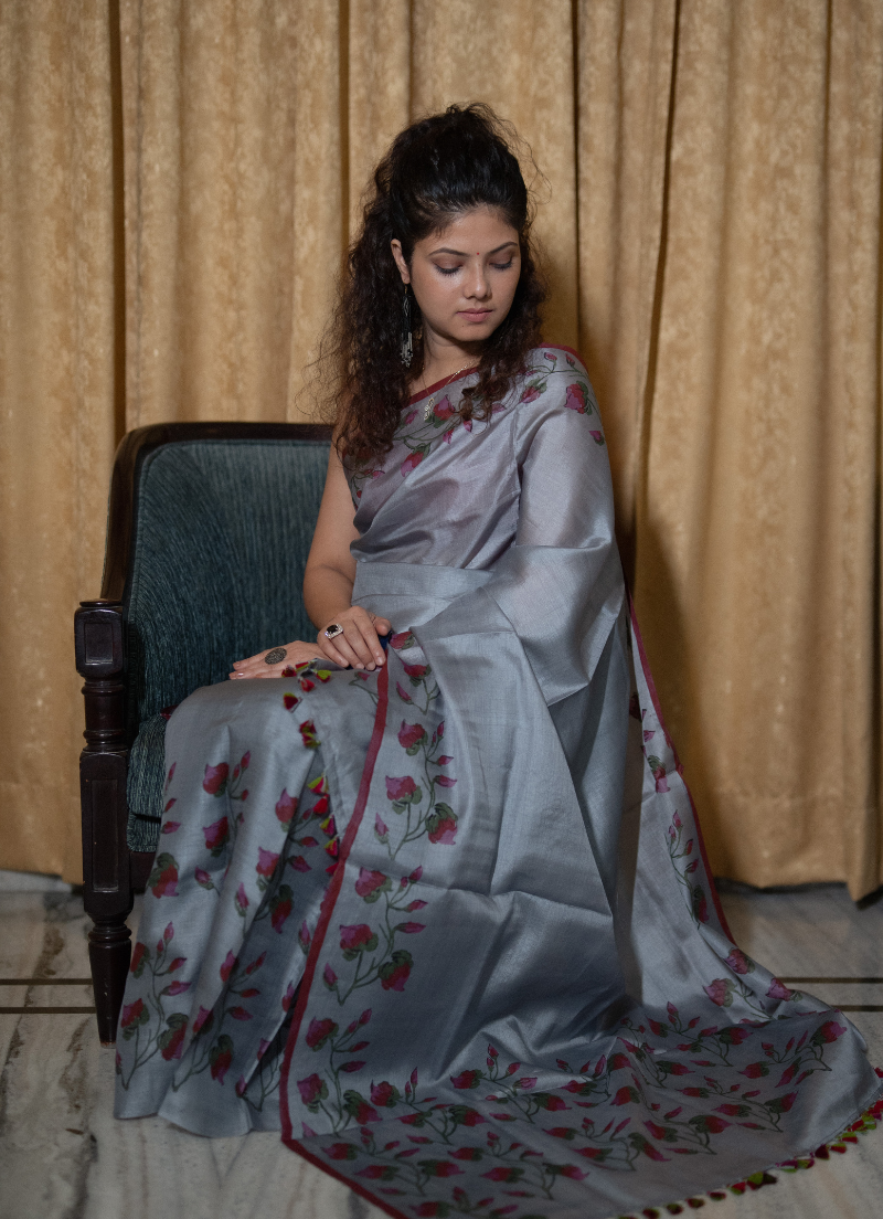 Colored Pure Silk Makhela Sador set with blouse piece (Hand block print) - Image 2