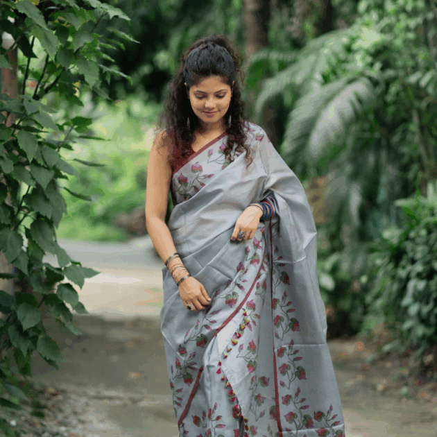 Colored Pure Silk Makhela Sador set with blouse piece (Hand block print)