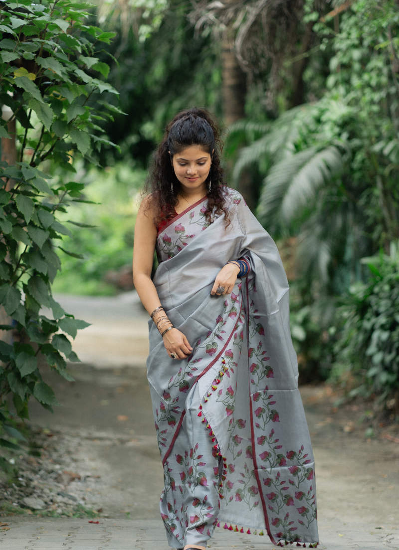 Colored Pure Silk Makhela Sador set with blouse piece (Hand block print)