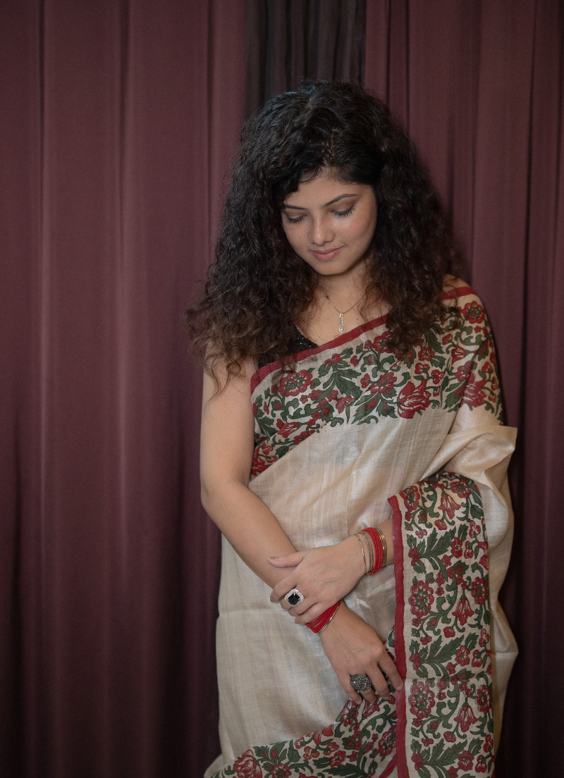 Desi Tassar Mekhela Sador set with blouse piece (Hand block print) - Image 2