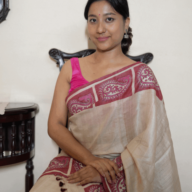 Desi Tassar Mekhela Sador set with blouse piece (Hand block print)