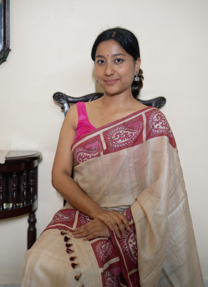 Desi Tassar Mekhela Sador set with blouse piece (Hand block print)