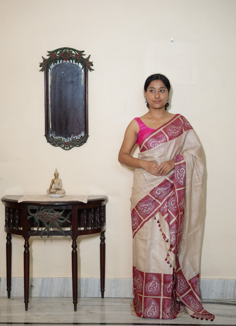 Desi Tassar Mekhela Sador set with blouse piece (Hand block print) - Image 3