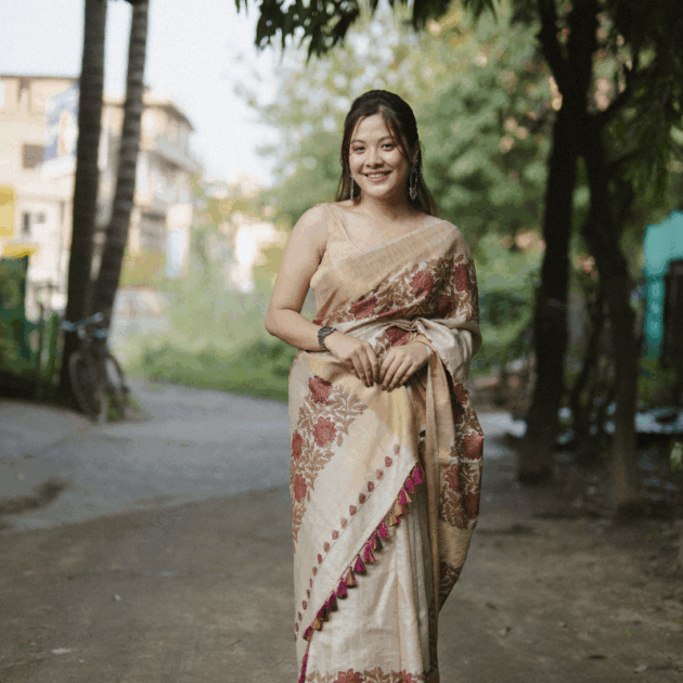 Pure Desi Tassar Silk Saree with floral design (Hand Block Print)