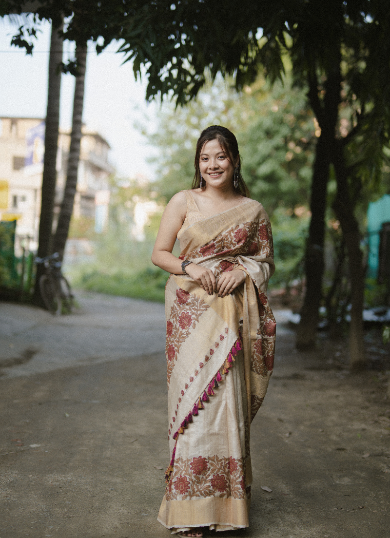 Pure Desi Tassar Silk Saree with floral design (Hand Block Print)
