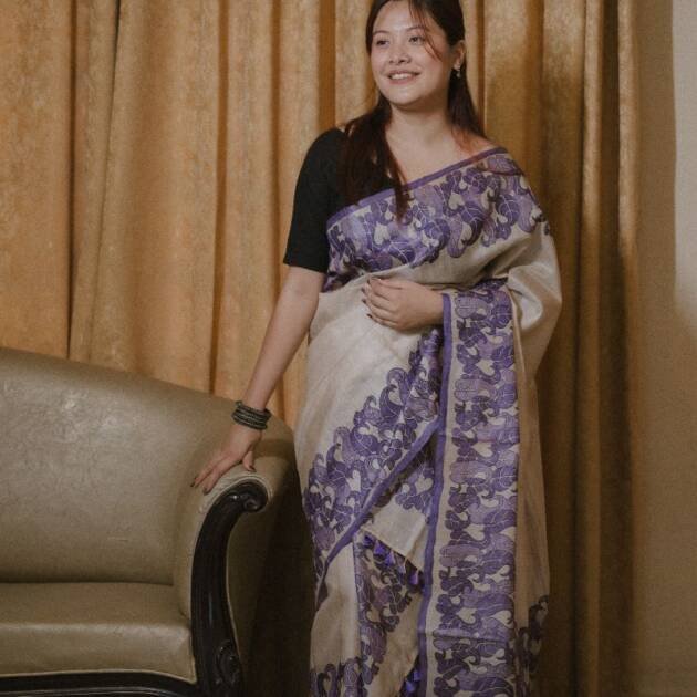 Pure Desi Tassar Silk Mekhela sador with Leaf (Hand block print)