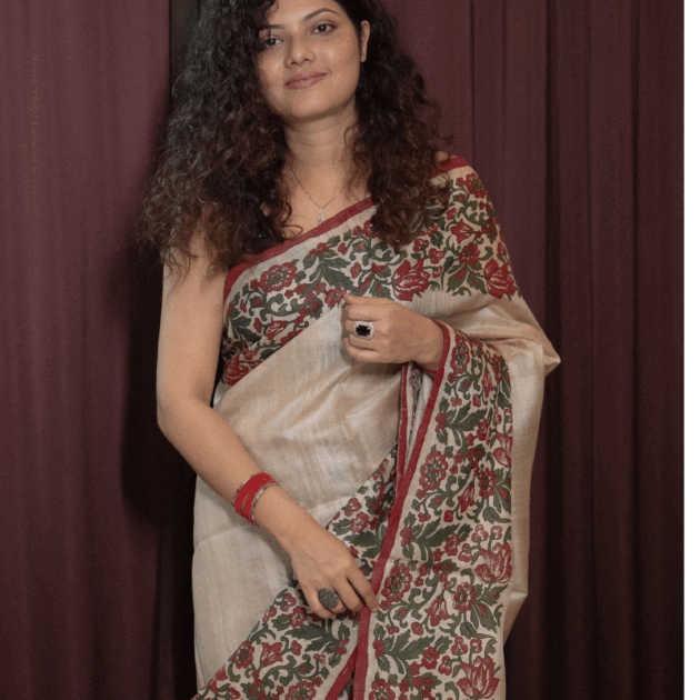 Desi Tassar Mekhela Sador set with blouse piece (Hand block print)