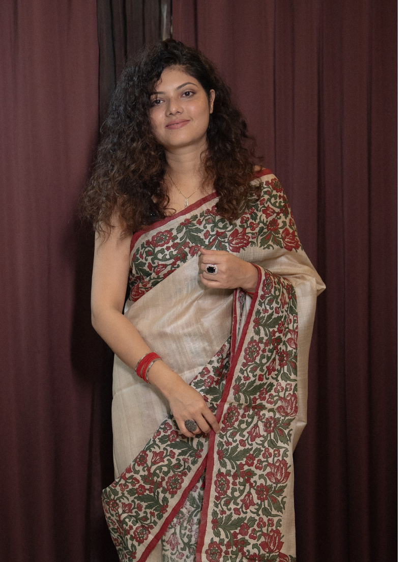 Desi Tassar Mekhela Sador set with blouse piece (Hand block print)