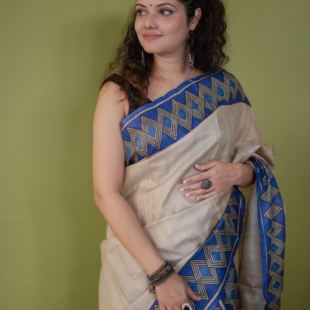 Colored Desi Tassar Makhela Sador set with blouse piece (Hand block print)