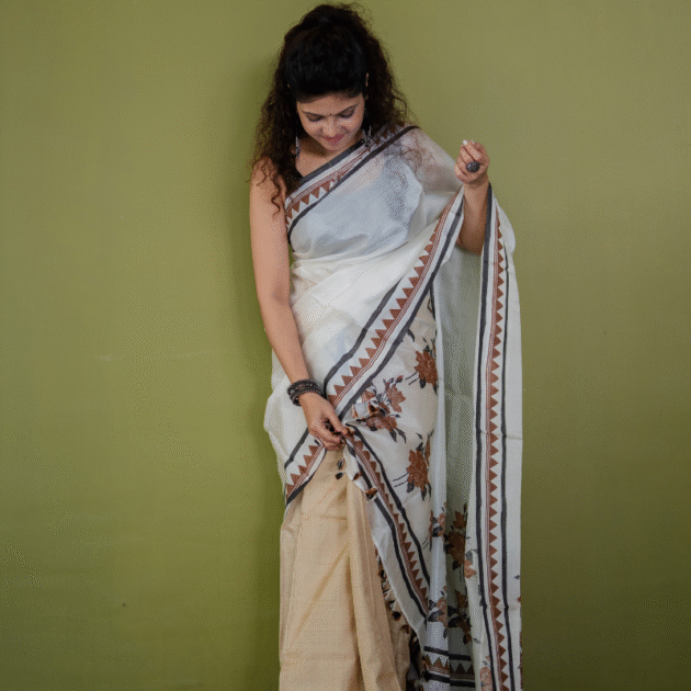 single pure silk sador with floral design with silk mark tag(Hand block print)
