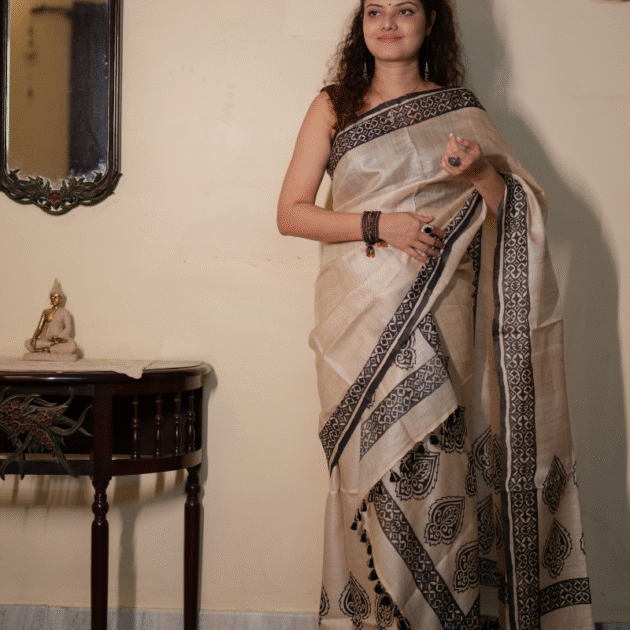 Desi Tassar Makhela Sador set with blouse piece (Hand block print)