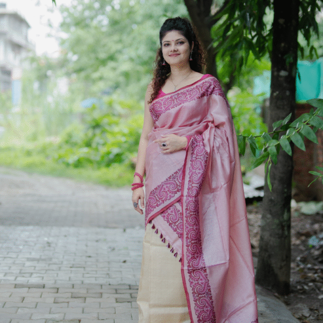 Single pure silk sador in king khap design with silk mark tag (Hand block print)