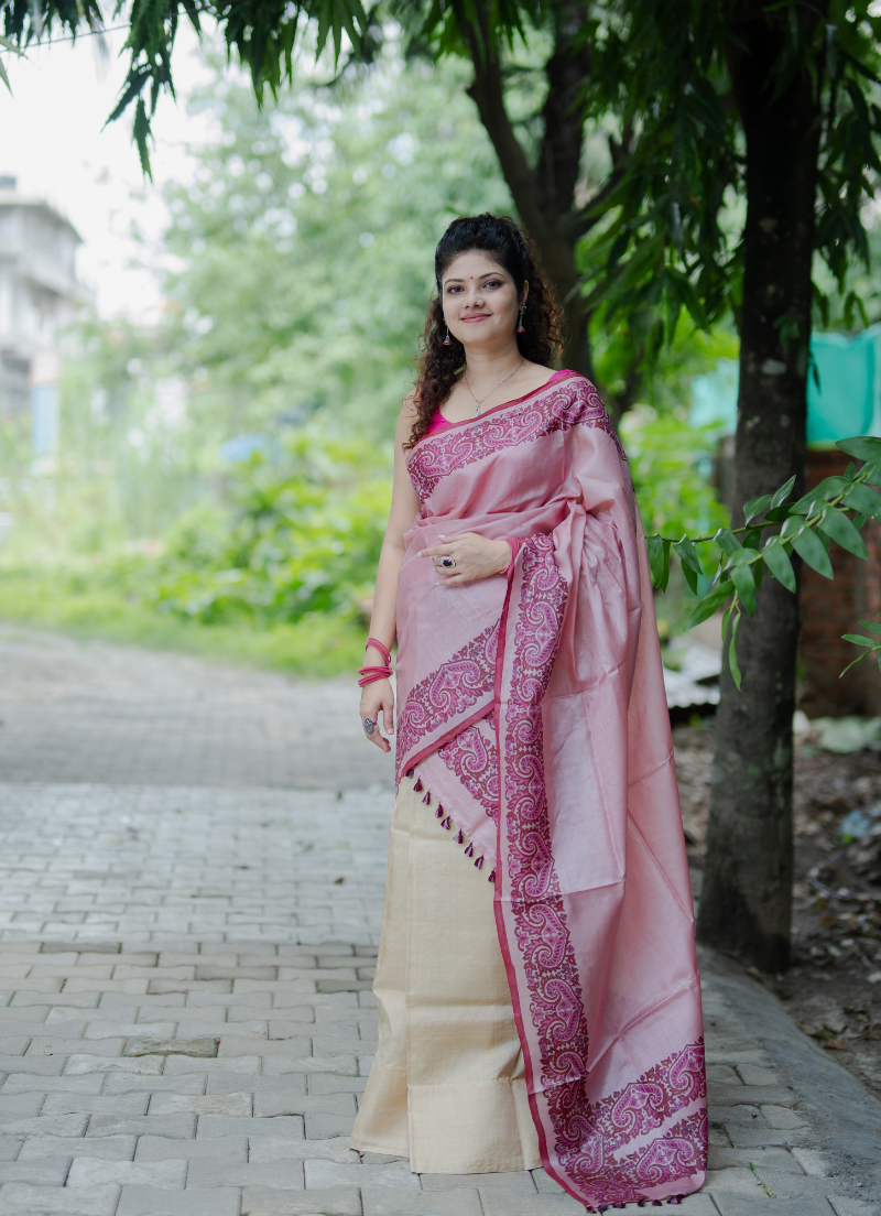 Single pure silk sador in king khap design with silk mark tag (Hand block print)