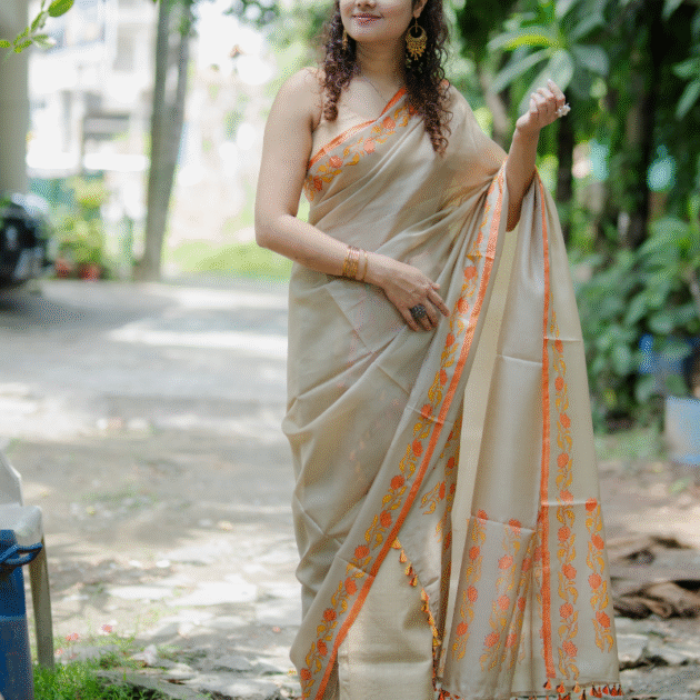 Single pure silk sador with floral design with silk mark tag (Hand block print)