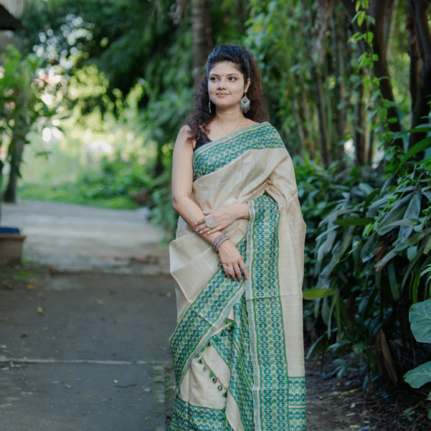 Colored Desi Tassar Makhela Sador set with blouse piece (Hand block print)