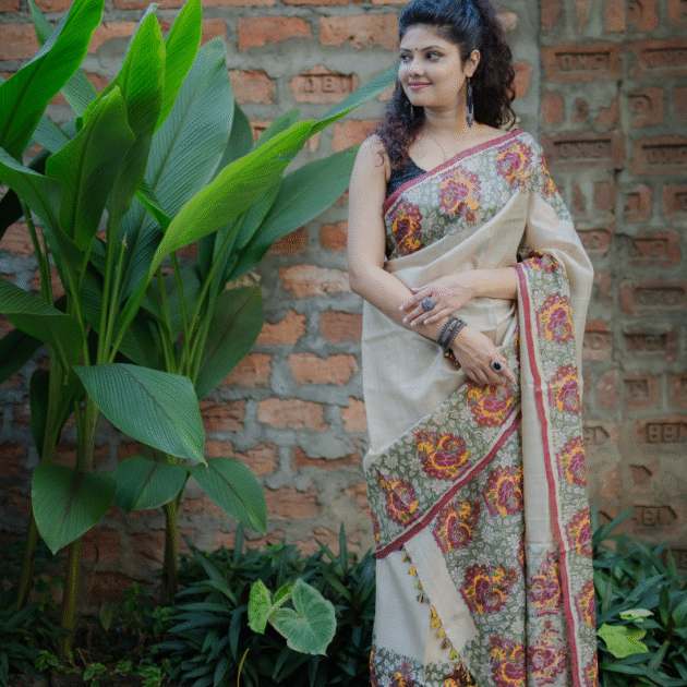 Desi Tassar Makhela Sador set with blouse piece (Hand block print)