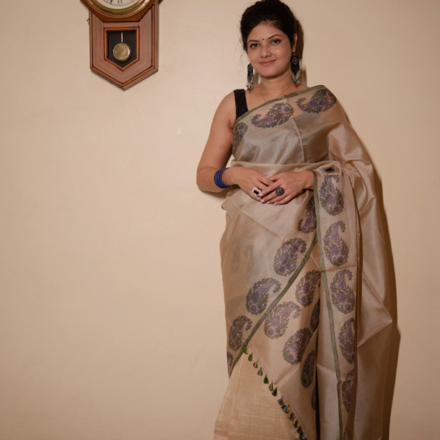 Single pure silk sador in kalki design with silk mark tag(Hand block print)