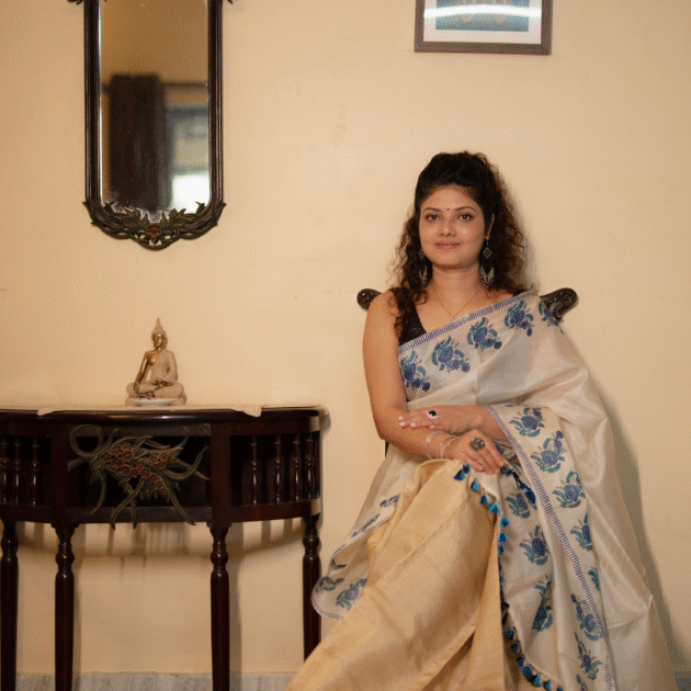 Single pure silk sador in floral design with silk mark tag  (Hand block print)